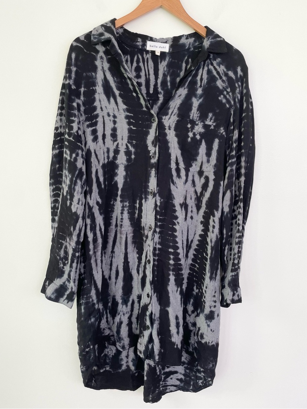 Bella Dahl Black and Grey Long Sleeve Tie Dye Shift Shirt Dress M Medium